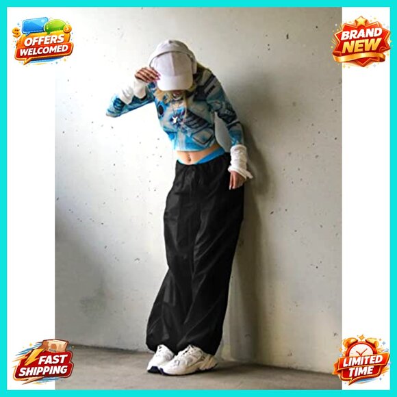 Y2K Parachute Cargo Pants Drawstring Low Rise Loose Sweatpants Baggy Trousers - Picture 5 of 7